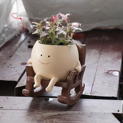 UMESONG Smily Face Planter Pot Cute Resin Flower Head Planters for Indoor Outdoor Unique Sit Rocking Chair Succulent Pots Gift IdeaI for Mother and Appreciation Christmas with Drainage Hole - Image 2