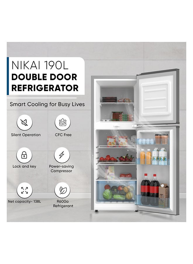 NIKAI 190L Gross / 138L Net, Double Door Refrigerator With Vegetable Crisper And Adjustable Glass Shelves, Convenient Defrosting And Temperature Control, Ideal For Kitchen, Bedroom, Office And Hotels 270 kW NRF190DN4S 190 L 270 kW NRF190DN4S Dark Silver - Image 2