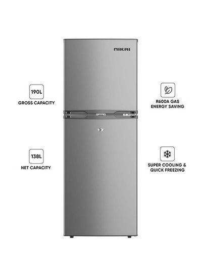 NIKAI 190L Gross / 138L Net, Double Door Refrigerator With Vegetable Crisper And Adjustable Glass Shelves, Convenient Defrosting And Temperature Control, Ideal For Kitchen, Bedroom, Office And Hotels 270 kW NRF190DN4S 190 L 270 kW NRF190DN4S Dark Silver