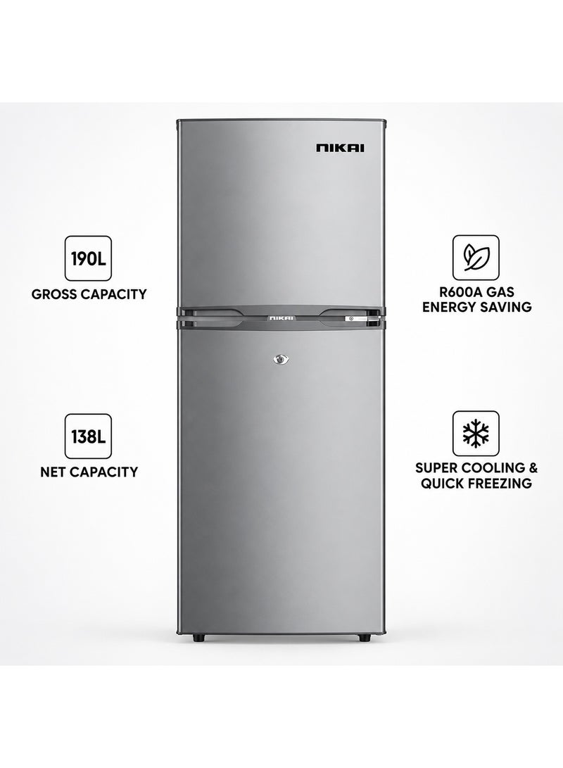 NIKAI 190L Gross / 138L Net, Double Door Refrigerator With Vegetable Crisper And Adjustable Glass Shelves, Convenient Defrosting And Temperature Control, Ideal For Kitchen, Bedroom, Office And Hotels 270 kW NRF190DN4S - Silver/Grey 190 L 270 kW NRF190DN4S Silver/Grey - Image 1
