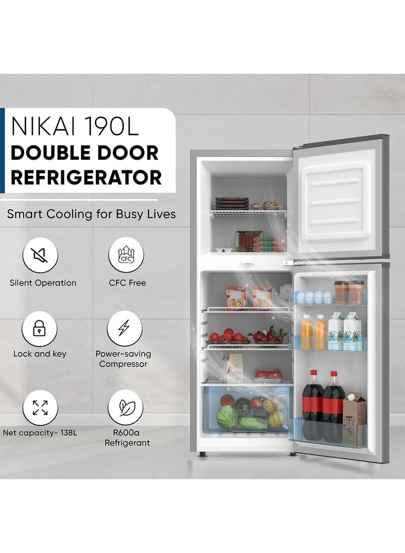 NIKAI 190L Gross / 138L Net, Double Door Refrigerator With Vegetable Crisper And Adjustable Glass Shelves, Convenient Defrosting And Temperature Control, Ideal For Kitchen, Bedroom, Office And Hotels 270 kW NRF190DN4S - Silver/Grey 190 L 270 kW NRF190DN4S Silver/Grey - Image 2
