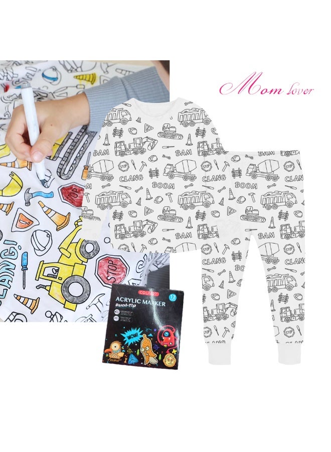 Mom lover Children's long-sleeved cotton, graffiti pajama set, with graffiti brushes, tool cart pattern art design - Image 2