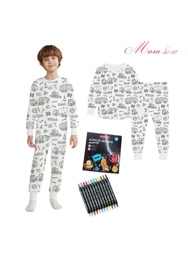 Mom lover Children's long-sleeved cotton, graffiti pajama set, with graffiti brushes, tool cart pattern art design - Image 1