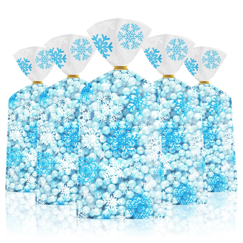Litmitfu 100 Pcs Winter Snowflake Treat Bags - Christmas Gift Bags, Blue White Plastic Snowflakes Cello Candy Goodie Cookie Snack Cellophane Bag with Twist Ties for Xmas Holiday Winter Wonderland Party Favors - Image 1