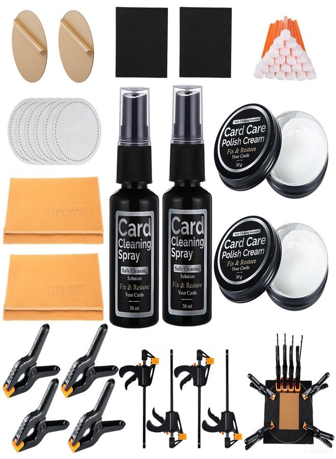 Fiwochic Trading Card Cleaning Kit Card Flattening Kit Repair Accessory Includes 2 Acrylic Discs 100 Cotton Swabs 100 Cleaning Pads 2 Polishing Paste 2 Cleaner 2 Yellow Suede Cloths 8 Small Clips - Image 1