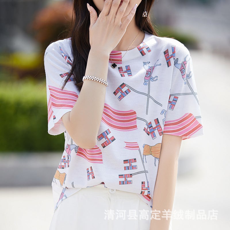 There Is Always A Suitable One-Summer Classic Joker Mulberry Silk Various Printed Pattern Round Neck Short Sleeve T-Shirt - Image 1