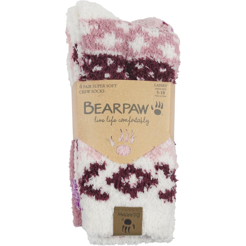 BEARPAW 4 Pair Pack Cozy Super Soft Lounge Socks Multi Pattern Crew Socks, Zinfandel - Image 4