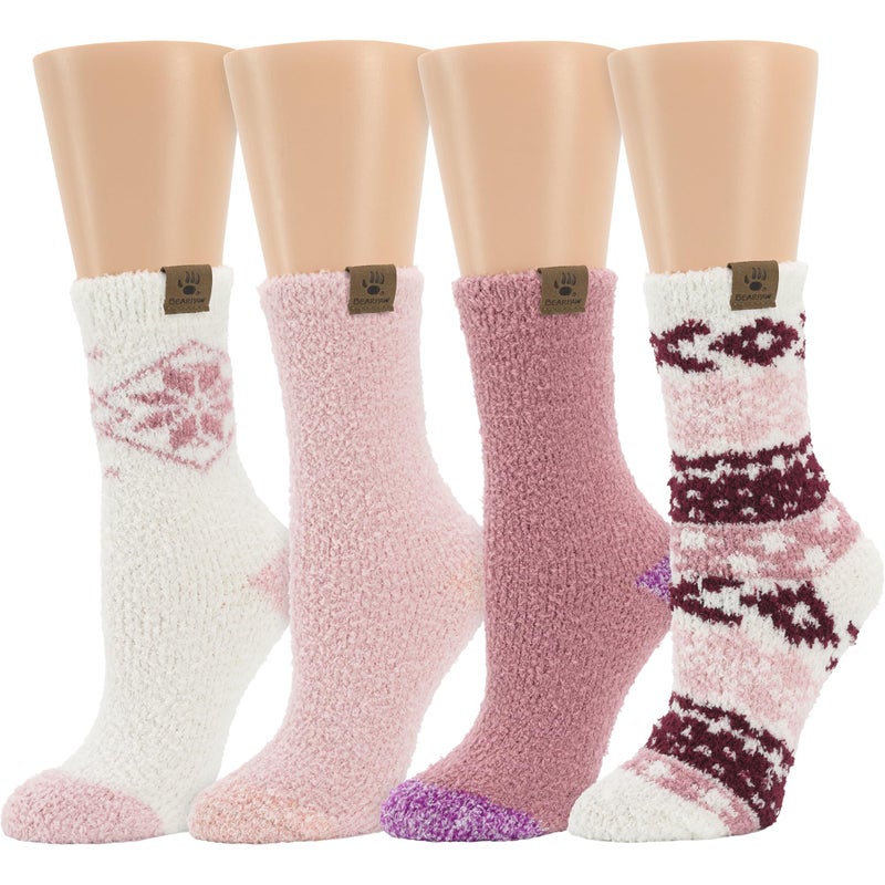 BEARPAW 4 Pair Pack Cozy Super Soft Lounge Socks Multi Pattern Crew Socks, Zinfandel - Image 1