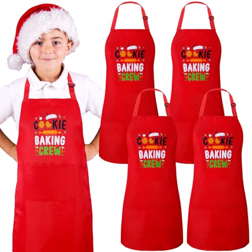 Suhine 4 Pack Christmas Aprons Kids Red Christmas Kitchen Cooking Baking Cookie Crew Matching Aprons with Pockets Cute Adjustable BBQ Bib Funny Holiday Chef Apron Gift for Xmas Party Decorations - Image 1
