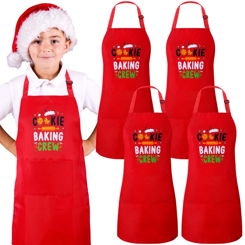 Suhine 4 Pack Christmas Aprons Kids Red Christmas Kitchen Cooking Baking Cookie Crew Matching Aprons with Pockets Cute Adjustable BBQ Bib Funny Holiday Chef Apron Gift for Xmas Party Decorations - Image 2