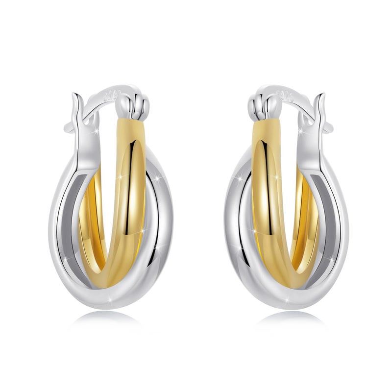 WOSTU 14K Gold Silver Two-Tone Small Oval Hoop Earrings for Women,Lightweight Double Row Interlocking Huggie Earring Fashion Jewelry for Birthday Christmas Anniversary Wife Mom - Image 1