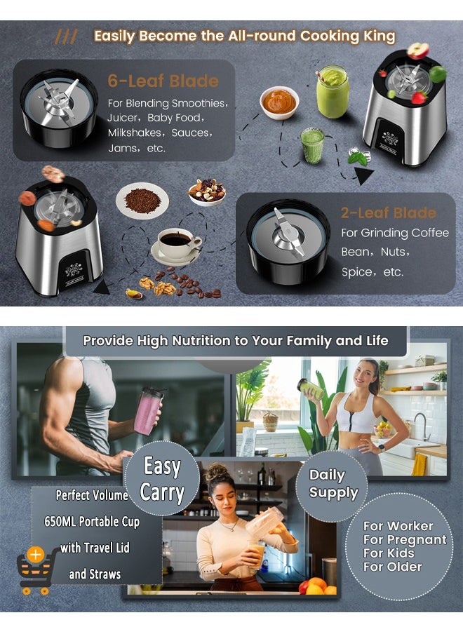 Zeemey - 3-in-1 Personal Compact Sports Blender for Shakes and Smoothies, Personal Size Blenders for Kitchen with 6 Fins Blender Blade, 2 * 22 oz/650 ML To-Go Cups and 1*10oz/300ml Grind Cup 450W - Image 1