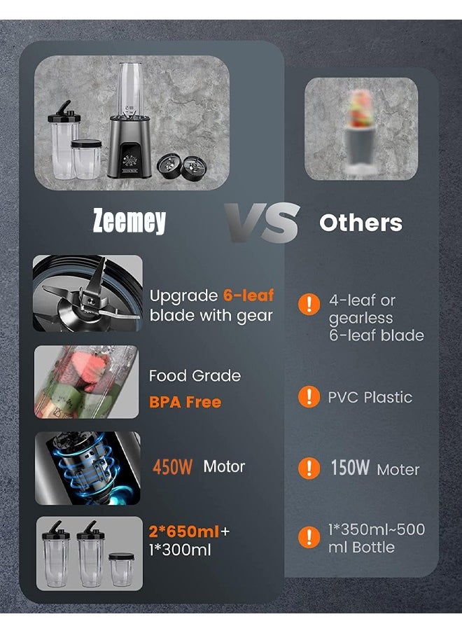 Zeemey - 3-in-1 Personal Compact Sports Blender for Shakes and Smoothies, Personal Size Blenders for Kitchen with 6 Fins Blender Blade, 2 * 22 oz/650 ML To-Go Cups and 1*10oz/300ml Grind Cup 450W - Image 1