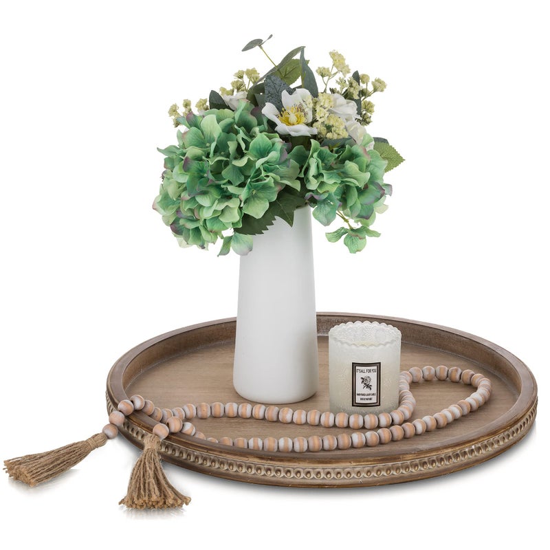 Hanobe Large Round Decorative Tray Coffee Table Beaded Trays Rustic Wood Trays Decor Farmhouse Ottoman Circle Vintage Centerpiece Wooden Serving for Living Room Home for Counter Brown
