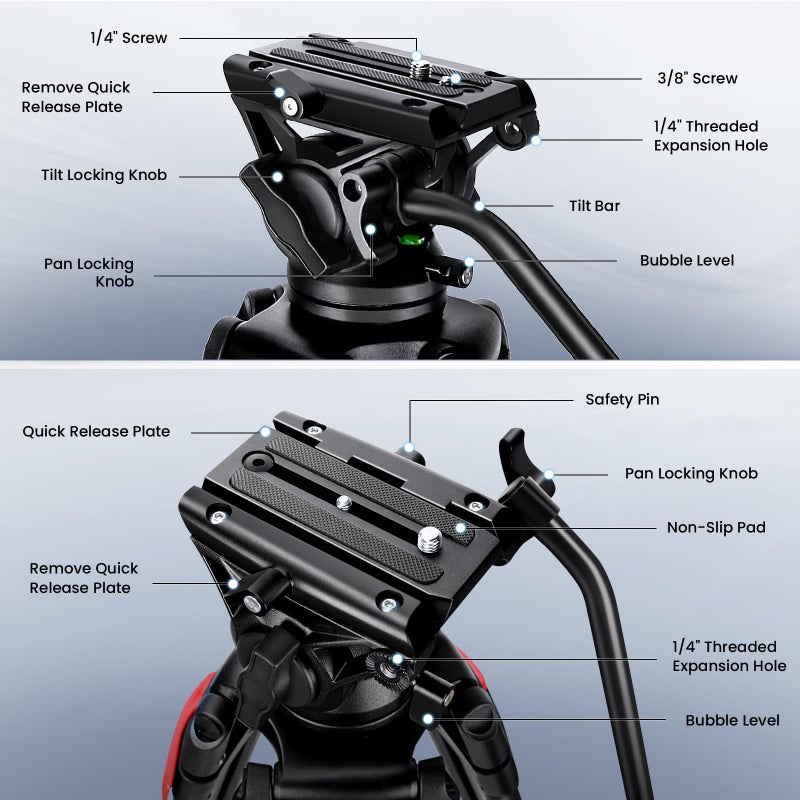 MACTREM 82" /210cm Video Tripod Heavy Duty Tripod with 360Â° Fluid Head,Mactrem Aluminum Tall Tripods Professional Compatible with Canon Nikon Sony DSLR Camera Camcorder Telescope Bnoculars (Load 33Lb) - Image 3