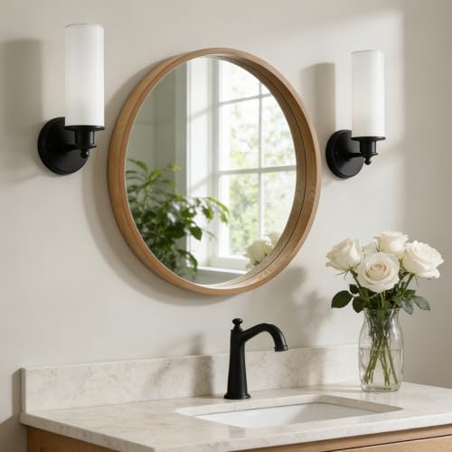 WallBeyond 24 Inch Natural Round Wood Mirror, Circle Wooden Frame Wall Mirror for Bathroom, Living Room, Bedroom, Entryway - Image 1