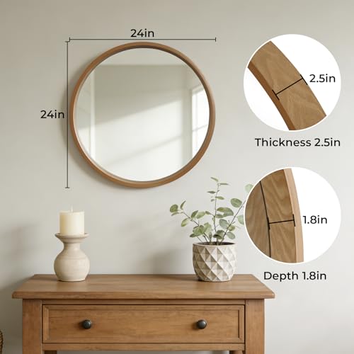 WallBeyond 24 Inch Natural Round Wood Mirror, Circle Wooden Frame Wall Mirror for Bathroom, Living Room, Bedroom, Entryway - Image 5