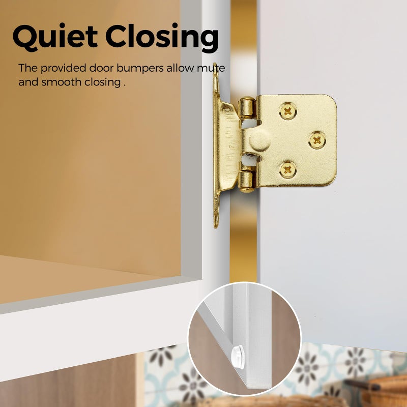 Ravinte Decor 50 Pack 25 Pair Gold Cabinet Hinges - 1/2 inch Overlay Kitchen Cabinet Hinges, Semi-Concealed Hinges, Self Closing Cabinet Door Hinges with Door Bumper, Gold Face Mount Cabinet Hardware - Image 4