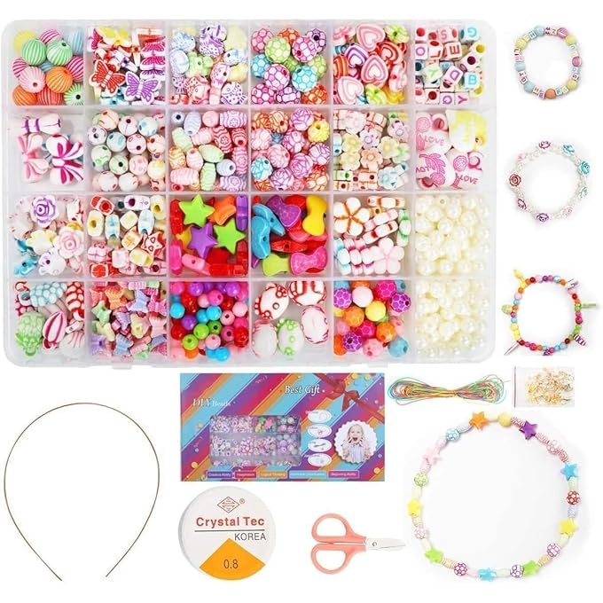 Children DIY Bead Set, 550pcs Pony Alphabet Pop Beads for Making Necklace Bracelet Ring, Art Craft & Jewellery Making Kit for Kids Girls Age 4 5 6 7 8, 24 Types