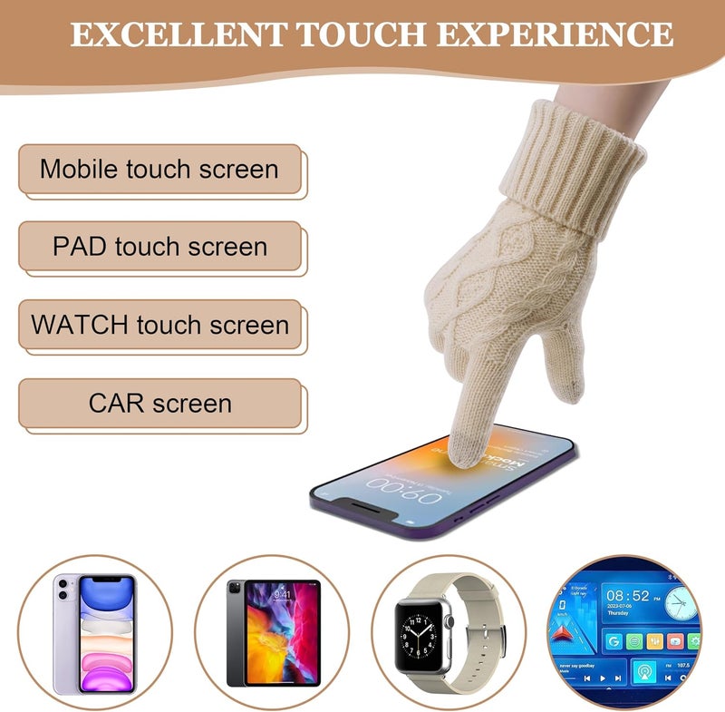 OROOTL Hat Scarf and Glove Set Women Knit Pom Beanie Hat Touch Screen Glove Long Scarf 3 in 1 Cold Winter Gift Set for Ladies Girls, Beige, One size - Image 3