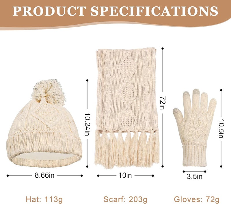 OROOTL Hat Scarf and Glove Set Women Knit Pom Beanie Hat Touch Screen Glove Long Scarf 3 in 1 Cold Winter Gift Set for Ladies Girls, Beige, One size - Image 5