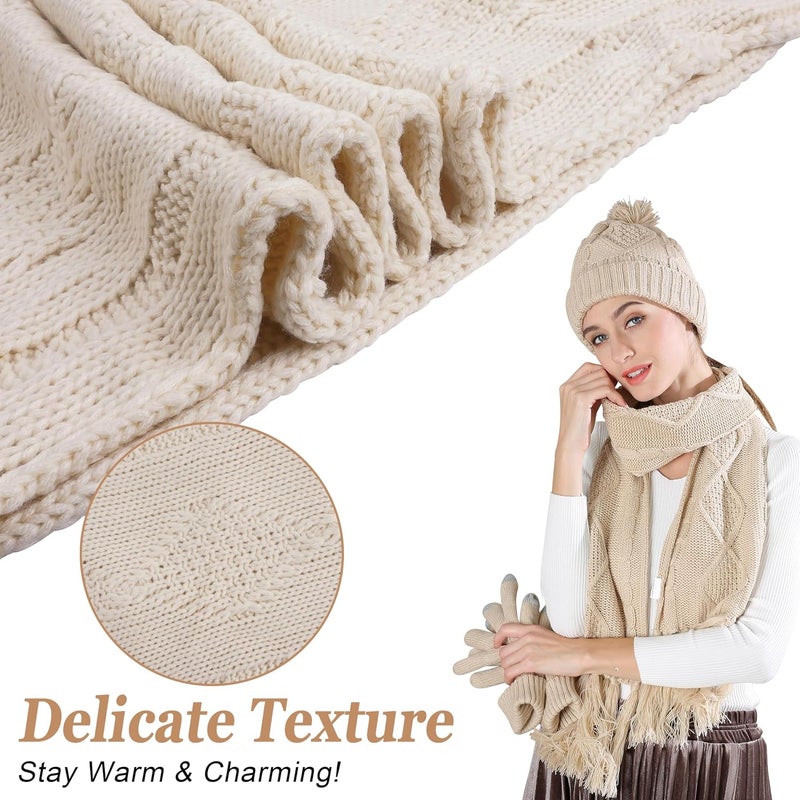 OROOTL Hat Scarf and Glove Set Women Knit Pom Beanie Hat Touch Screen Glove Long Scarf 3 in 1 Cold Winter Gift Set for Ladies Girls, Beige, One size - Image 4
