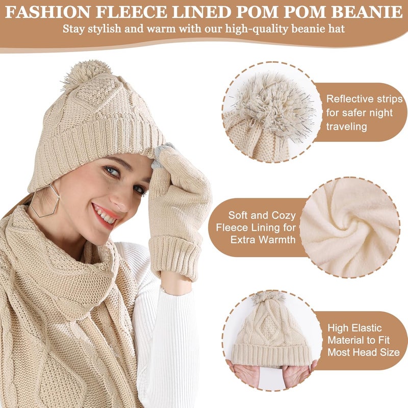 OROOTL Hat Scarf and Glove Set Women Knit Pom Beanie Hat Touch Screen Glove Long Scarf 3 in 1 Cold Winter Gift Set for Ladies Girls, Beige, One size - Image 2