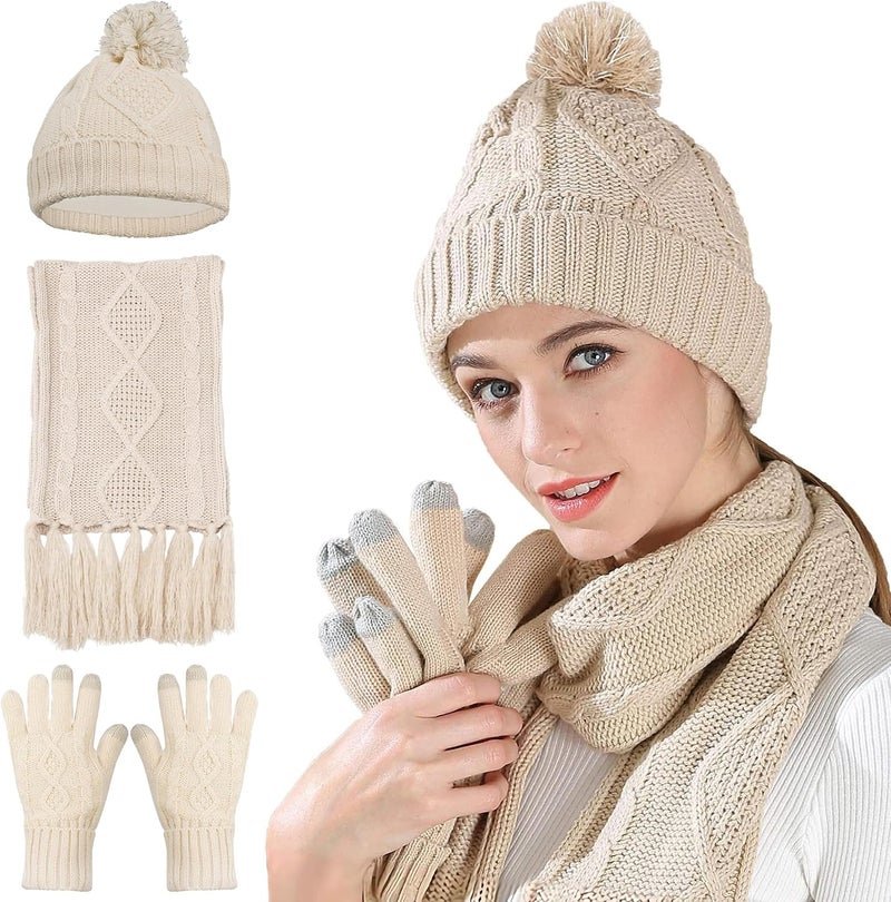 OROOTL Hat Scarf and Glove Set Women Knit Pom Beanie Hat Touch Screen Glove Long Scarf 3 in 1 Cold Winter Gift Set for Ladies Girls, Beige, One size - Image 1