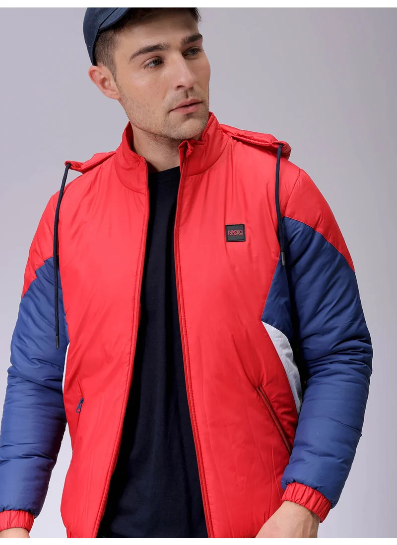 The Indian Garage Co Mens Red Slim Fit Color Block Hooded Zipper Placket Zipper Pocket Winter Jacket