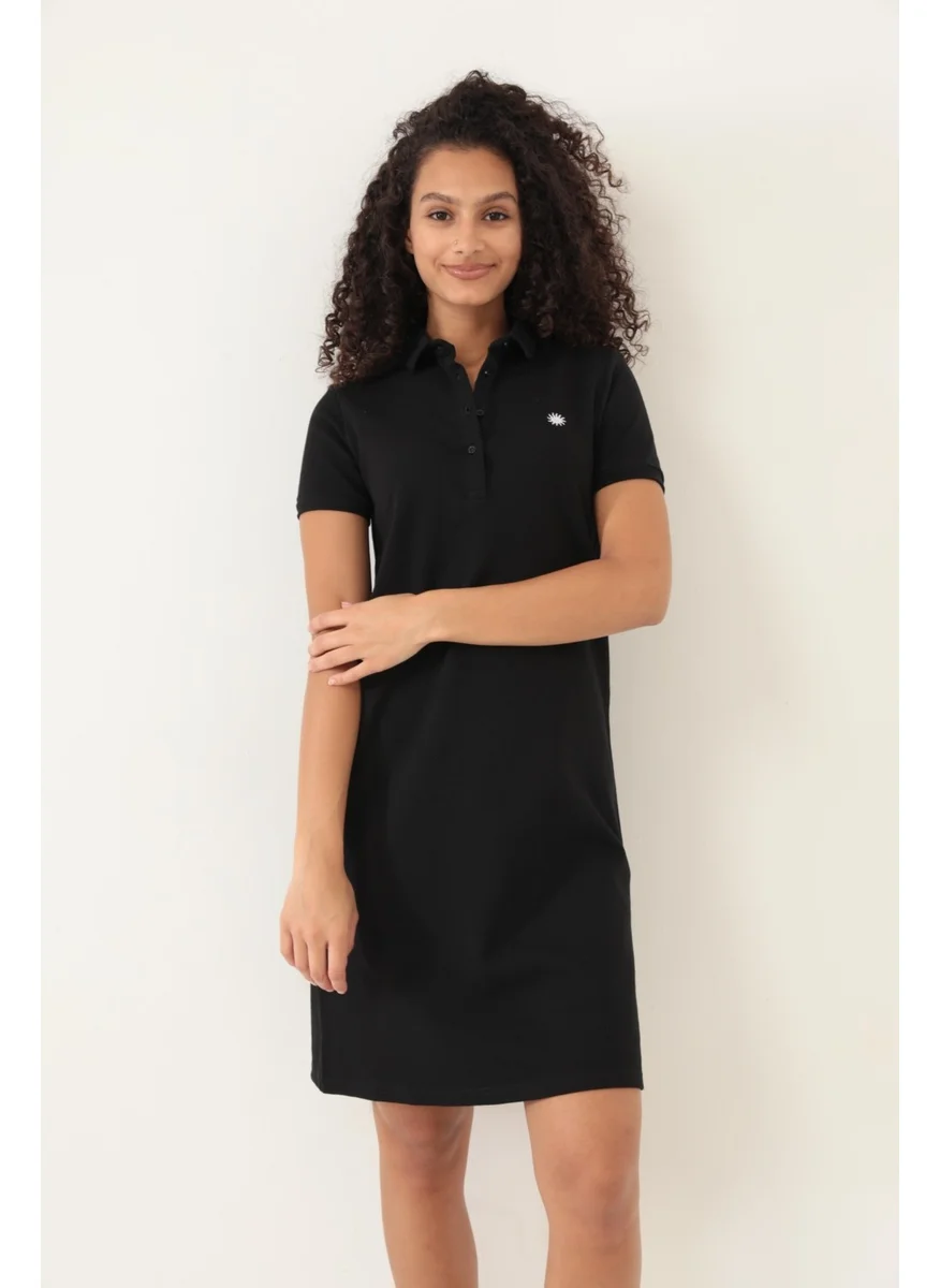 Miron Black Women's Polo Collar Short Sleeve Knitted Dress -2431