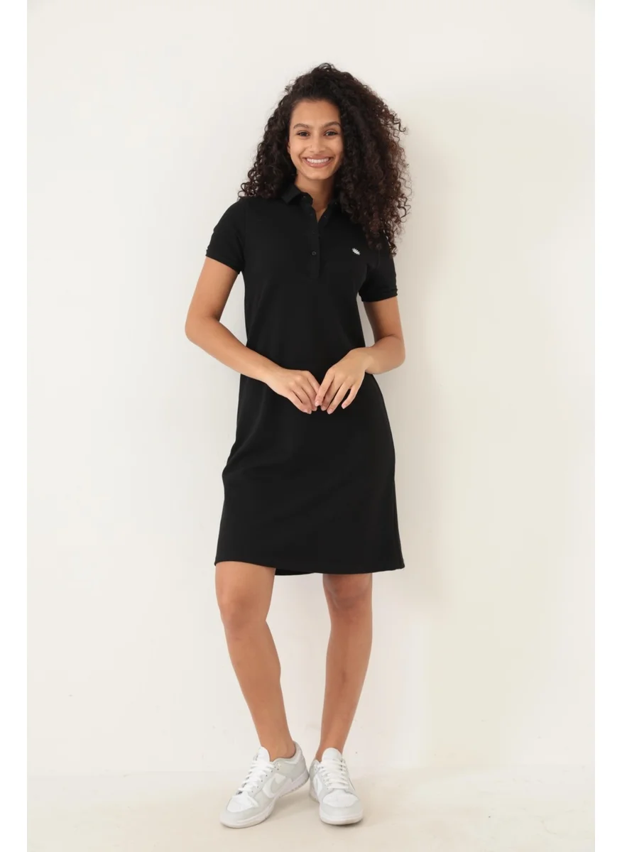 Miron Black Women's Polo Collar Short Sleeve Knitted Dress -2431