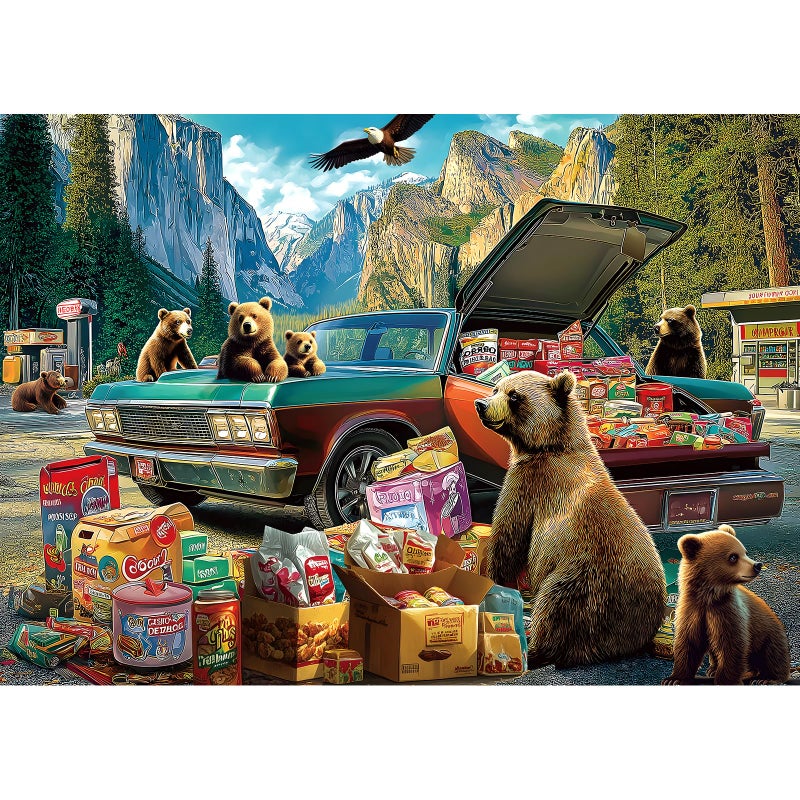 Blueforest Yosemite Bears Picnic Adventure 1000 Piece Puzzle for Adults Challenging Wildlife Jigsaw Puzzle with Vintage Car Granite Cliffs Bonus Poster Letters on Back 275 x 197 - Image 3