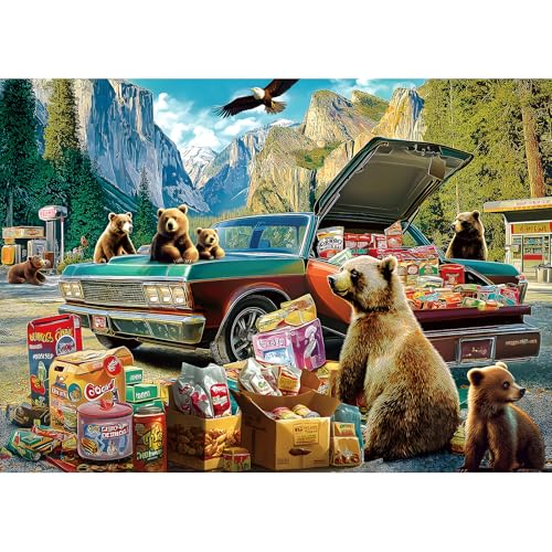 Blueforest Yosemite Bears Picnic Adventure 1000 Piece Puzzle for Adults Challenging Wildlife Jigsaw Puzzle with Vintage Car Granite Cliffs Bonus Poster Letters on Back 275 x 197 - Image 1