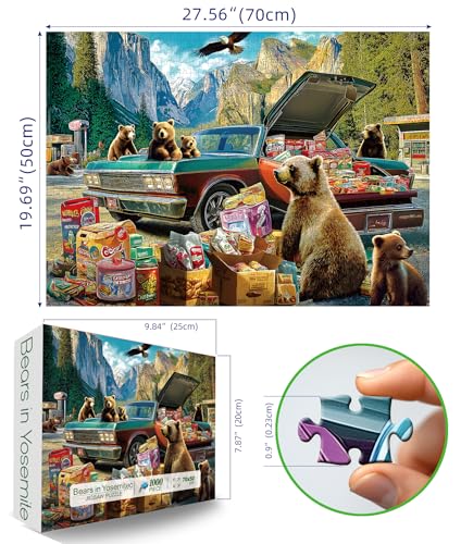 Blueforest Yosemite Bears Picnic Adventure 1000 Piece Puzzle for Adults Challenging Wildlife Jigsaw Puzzle with Vintage Car Granite Cliffs Bonus Poster Letters on Back 275 x 197 - Image 5