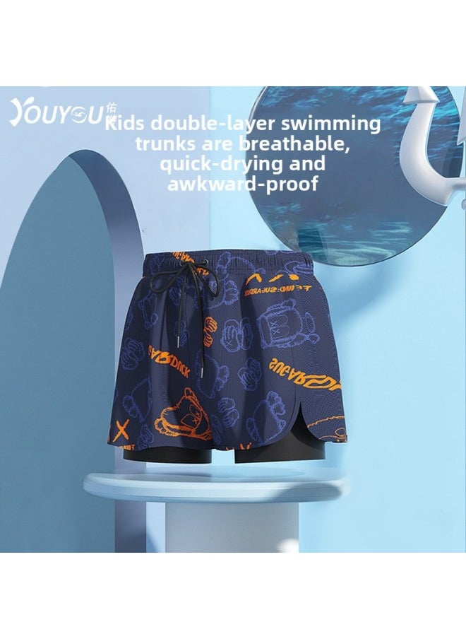 Loquat Children's Swim Trunks Boys' Professional Double-Layer Swim Trunks For Large Children's Swimsuit Embarrassment-proof Breathable Boys' Boxer Swim Trunks-Color:Orange + A Plate-  - Image 2