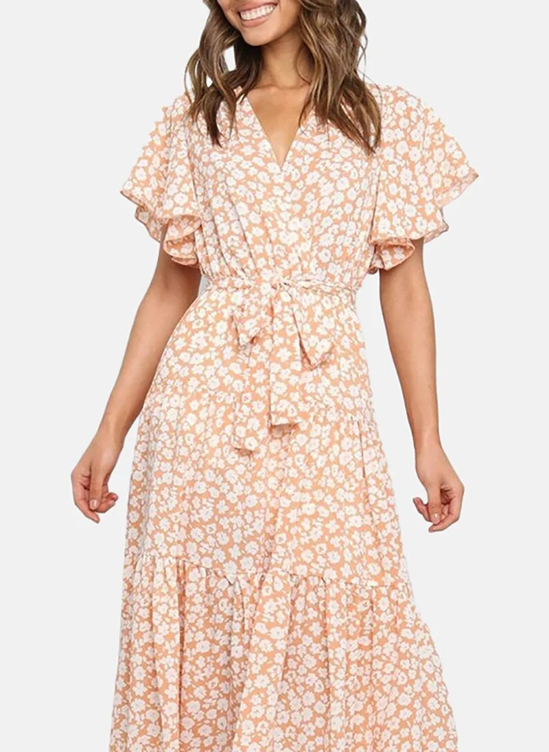YUNIQEE Orange Floral Print Flared Sleeve Tie Up Fit & Flare Midi Dress