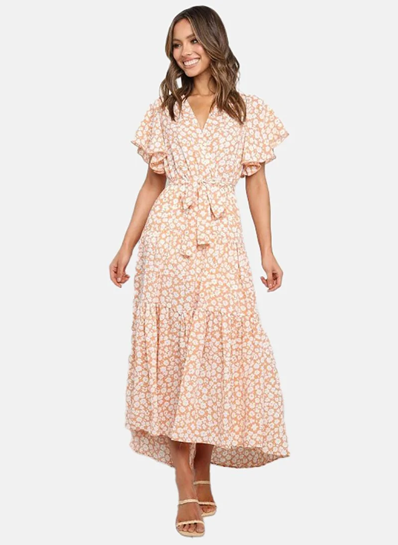 YUNIQEE Orange Floral Print Flared Sleeve Tie Up Fit & Flare Midi Dress