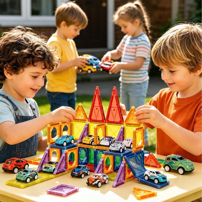 O2. Magnetic Parking Garage Building Blocks Set 68PCS with Mini Cars – Colorful Magnetic Construction Tiles Toy for Kids Ages 3+ - Image 5