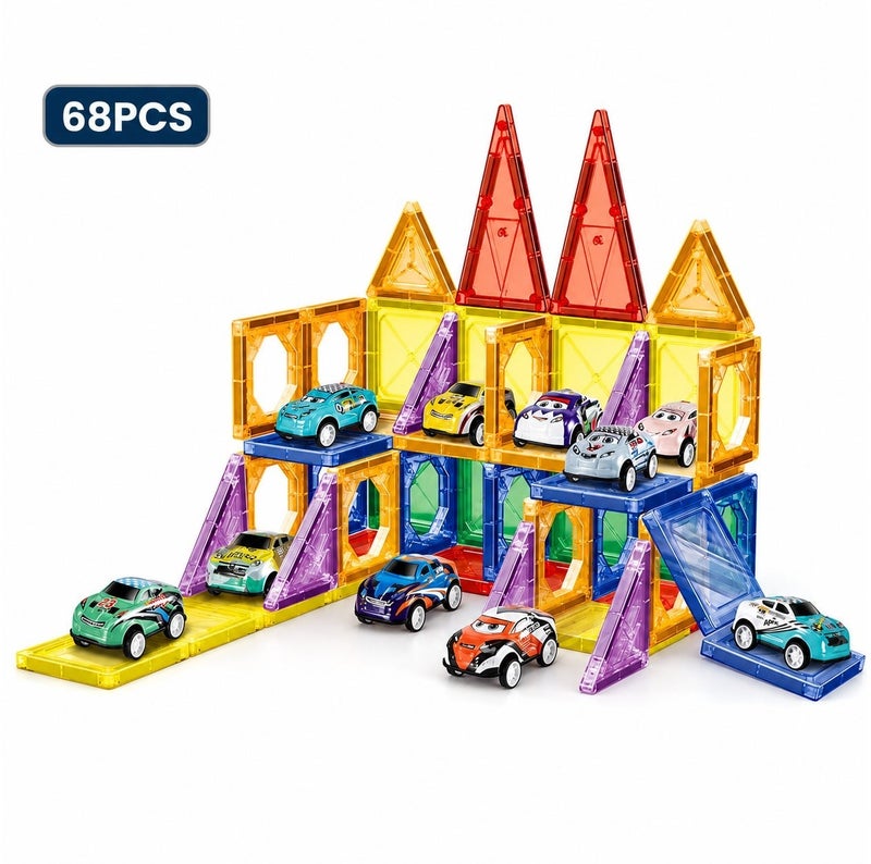 O2. Magnetic Parking Garage Building Blocks Set 68PCS with Mini Cars – Colorful Magnetic Construction Tiles Toy for Kids Ages 3+ - Image 1