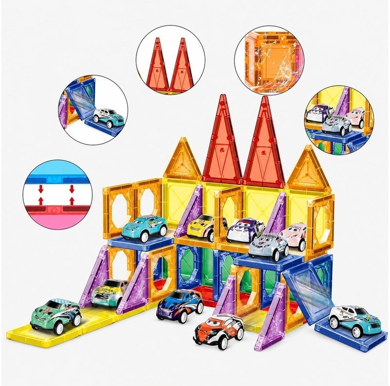 O2. Magnetic Parking Garage Building Blocks Set 68PCS with Mini Cars – Colorful Magnetic Construction Tiles Toy for Kids Ages 3+ - Image 3