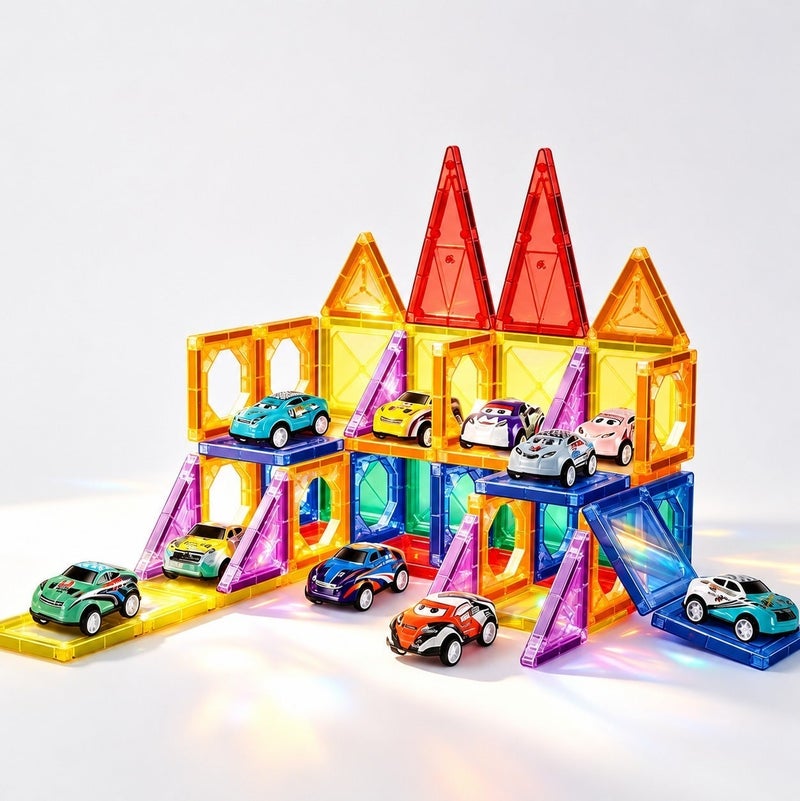O2. Magnetic Parking Garage Building Blocks Set 68PCS with Mini Cars – Colorful Magnetic Construction Tiles Toy for Kids Ages 3+ - Image 2