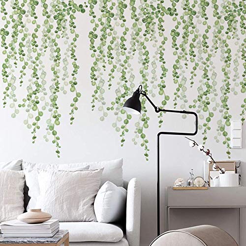 ROFARSO 6 Sheets Hanging String of Pearls Vine Wall Stickers Leaves Green Plants Removable PVC Wall Decals Peel and Stick Decorations Decor for Bedroom Living Room Office Murals(3 Sets) - Image 1