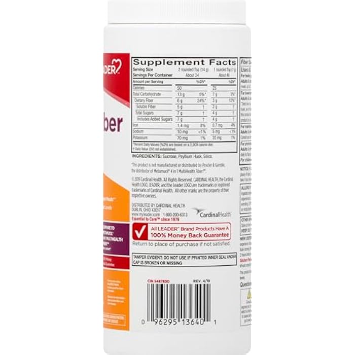 Leader Psyllium Husk Powder Supplement 4-in-1 Fiber for Digestive Health, Plant Based 100% Natural Psyllium Husk Daily Fiber, Gluten Free, Non-GMO, Compare to Meta-mucil Multihealth (13 OZ) - Image 4