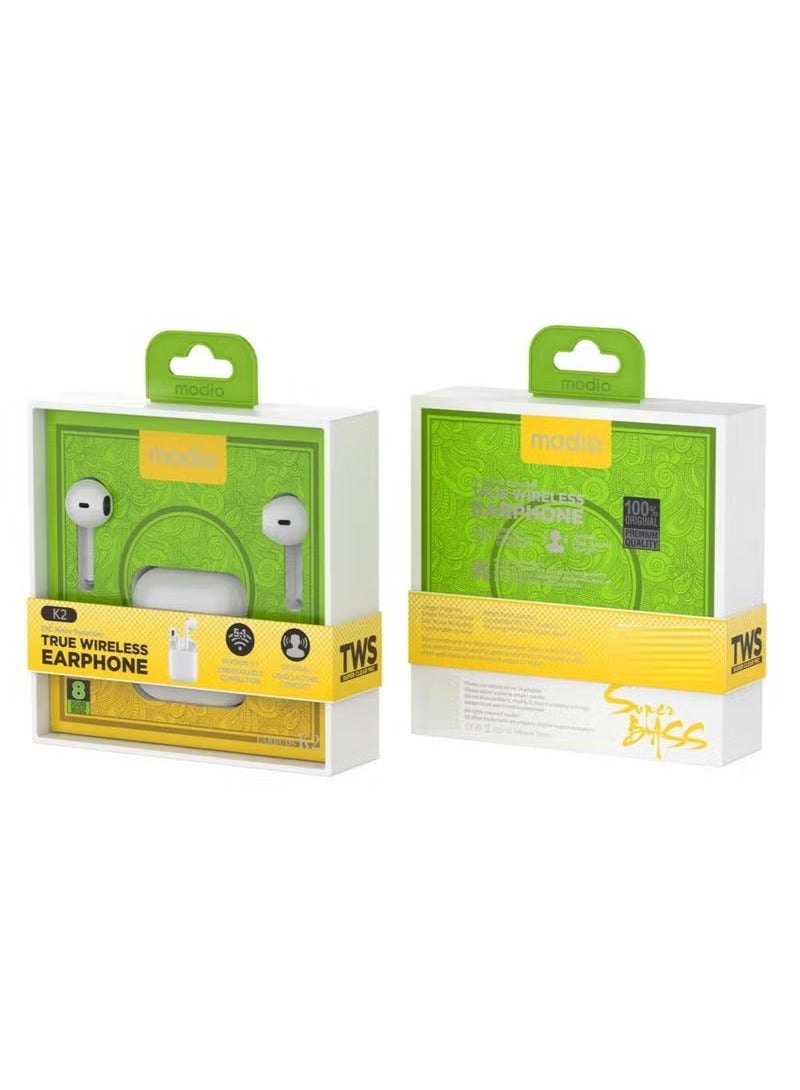 modio K2 True Wireless Earphones with ENC Noise Reduction – High-Quality Audio & Crystal Clear Microphone | Touch Control, Comfortable Fit & Long Battery Life | Compatible with iPhone, iPad & All Bluetooth Devices – White - Image 1