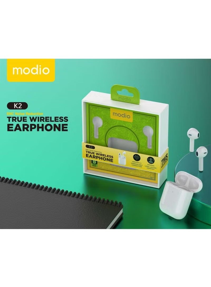 modio K2 True Wireless Earphones with ENC Noise Reduction – High-Quality Audio & Crystal Clear Microphone | Touch Control, Comfortable Fit & Long Battery Life | Compatible with iPhone, iPad & All Bluetooth Devices – White - Image 2