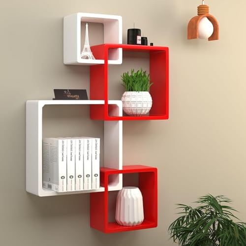 DDS Dream Decor Shoppee Floating Shelves for Wall Set of 4 Intersecting Wall Mounted Wall Shelf Solid Wood Floating Shelves Wall Decor for Bedroom, Room, Living Room, Kitchen Bedroom (Red White) - Image 1