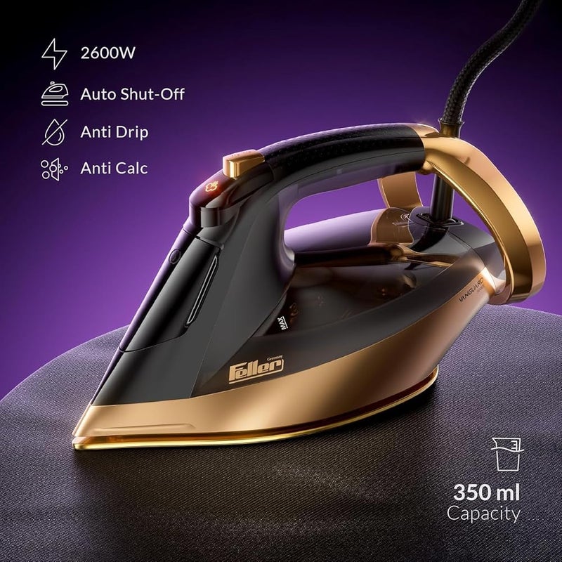 فيلر { "titleAr": "Feller Germany Vanguard Series غسالة مكواة بالبخار، 2600 واط، صينية مزدوجة من السيراميك Prime Gold مع وظائف مضادة لترسب الكالسيوم، إيقاف تلقائي، تحكم في درجة الحرارة الدقيقة، بخار سهل الاستخدام بضغطة زر واحدة، SI260، ضمان لم - Image 2