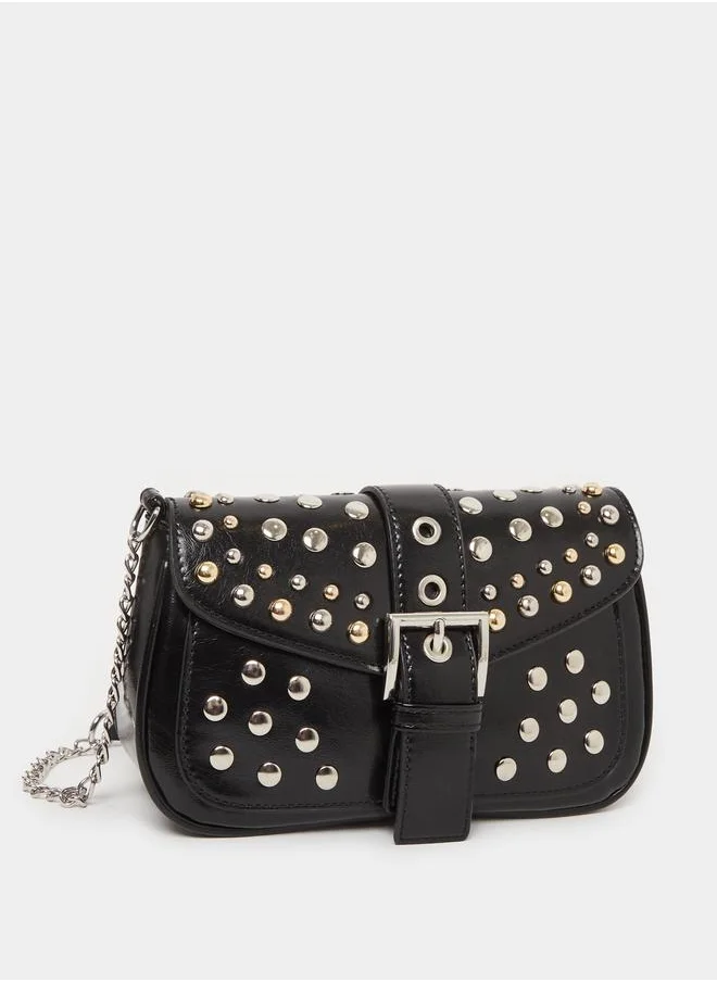 ستايلي Styli Embellished Studded Shoulder Bag with Chain Strap