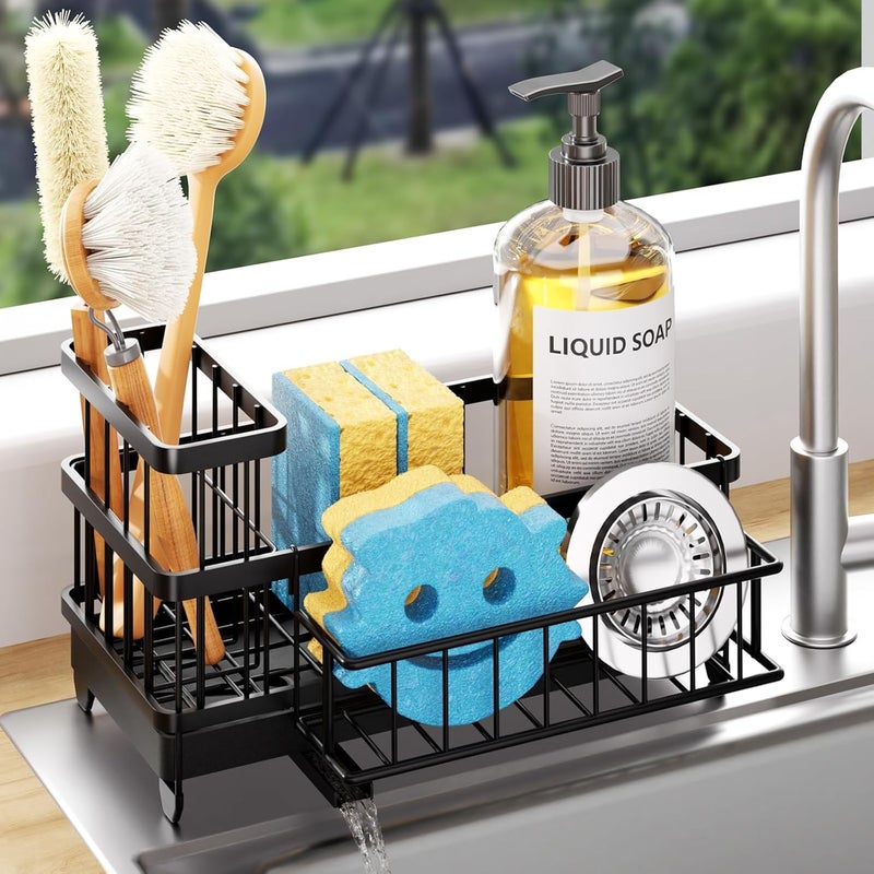 Consumest Consuemst Sponge Holder for Kitchen Sink - Auto Draining Sink Caddy Organizer with Detachable Rack, High Brush Holder, Kitchen Countertop Storage Accessories, Black - Image 1
