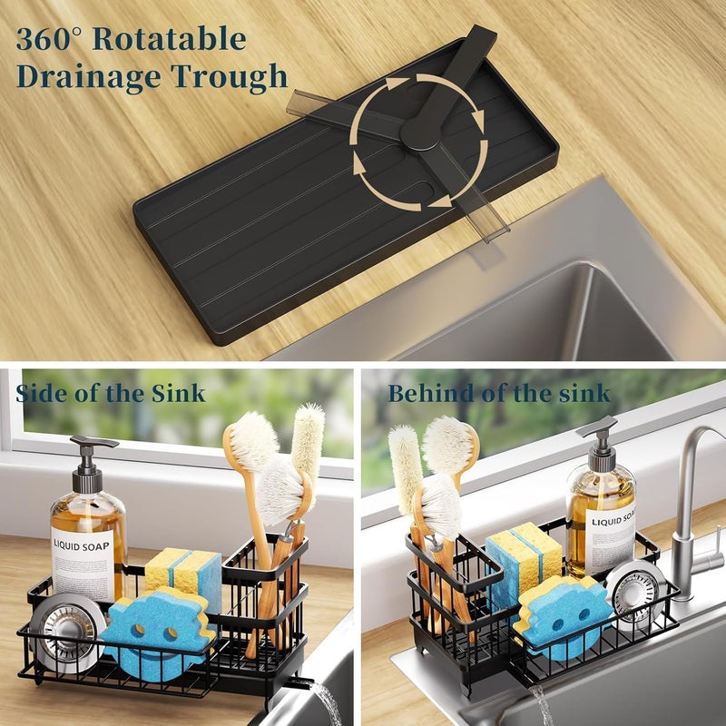 Consumest Consuemst Sponge Holder for Kitchen Sink - Auto Draining Sink Caddy Organizer with Detachable Rack, High Brush Holder, Kitchen Countertop Storage Accessories, Black - Image 2